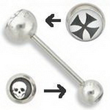 Painful Pleasures UB159 14g 5/8'' Double Logo Independent Cross/ Skull Straight Barbell