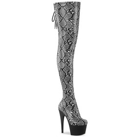 Pleaser ADORE-3008SP-BT 7" Heel, 2 3/4" PF Stretch Snake Print Pull-On Thigh Boot