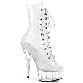 Pleaser DELIGHT-1021C 6" Heel, 1 3/4" PF Clear Peep Toe Lace-Up Ankle Boot