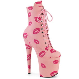 Pleaser FLAMINGO-1020KISSES 8" Heel, 4" PF Lace-Up Lips Print Ankle Boot, Side Zip
