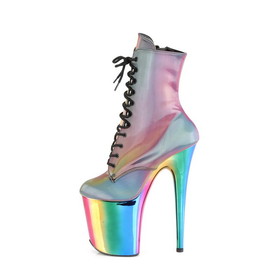Pleaser FLAMINGO-1020RC-REFL 8" Heel, 4" Chromed PF Lace-Up Ankle Boot, Side Zip