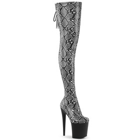 Pleaser FLAMINGO-3008SP-BT 8" Heel, 4" PF Stretch Snake Print Pull-On Thigh Boot