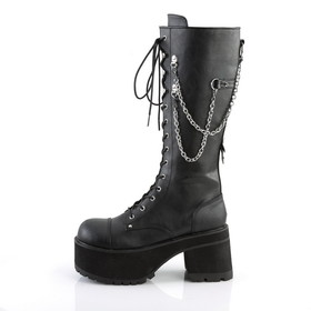 Demonia RANGER-303 3 3/4"(95mm)Heel, 2 1/4"(57mm)Platform LaceUp Front Knee High Boot Silver Chains&Studded BackStrap w/O-Rings, InnerSide Zip Closure