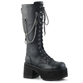 Demonia RANGER-303 Unisex Platform Shoes & Boots Platform Lace-Up Front Knee High Boot Featurning Silver Chains &amp; Studded Back Strap w/ O-Rings, Inside Zip Closure 3 3/4" Heel
