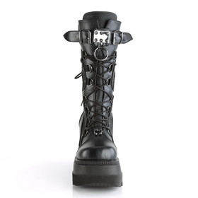 Demonia SHAKER-70 4 1/2" Wedge PF Lace-Up Mid-Calf Boot, Black Metal Zipper