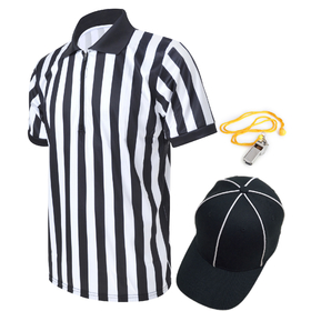 TOPTIE Sportwear Men's Pro-Style Referee Set, Umpire Shirt with 1/4 Zip-Up Quarter Zipper, Umpire Hat and Metal Ref Whistle with Lanyard