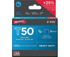 Arrow Fastener 506-24 3/8" T50 Staples - 4 Packs 1250 Per Pack