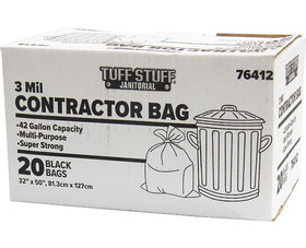 TUFF STUFF 76412 3 Mil Contractor Bags 42 Gal 32 X 50 - 20 Ct. Boxed