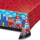 Creative Converting 332199 Flaming Fire Truck Plastic Tablecover All Over Print, 54