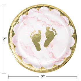 Creative Converting 353962 Pink Marble Baby Shower Footprints Dessert Plates