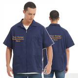 TOPTIE Add Your Text Embroidered Men's Zip Front Smock Short-Sleeve Zippered Work Shirt Utility Jacket