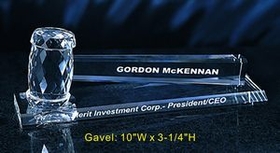 Custom Gavel with base optical crystal award trophy., 10" L x 3.25" Diameter