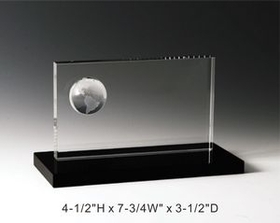 Custom Globe Panel Crystal Award Trophy., 4.5" L x 7.75" W x 3.5" H