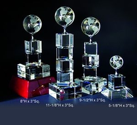 Custom Globe Tower Optical Crystal Award Trophy., 9.5" L x 3" Diameter
