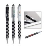 Custom Twist action ballpoint pen with touch screen stylus. Checkered black, 5 5/8