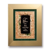 Custom Golden Emerald Art Glass Plaque w/ Antique Gold Wood Frame & Olive Matte, 12 1/2