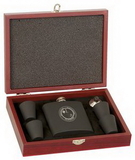 Custom 6 oz. Matte Black Laserable Stainless Steel Flask Set in Rosewood Presentation Box, 3 3/4
