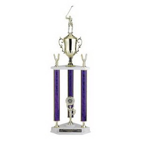 Custom Purple Splash Riser & Figure Topped 3-Column Trophy w/Cup & 2" Insert (32")