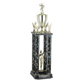 Custom Four Marbled Column Trophy w/Cup & Figure Mount (32")