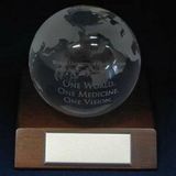 Custom Optical Glass Globe Award w/ Walnut Wood Base (Sandblasted)