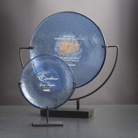 Custom Cobalt Blue Spinoza Plate Art Glass Award w/ Black Steel Base (11")