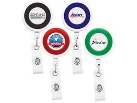 Custom Jumbo Color Ring Round Retractable Badge Reel W/ Alligator Clip (Polydome), 1.5" W X 3.5" H X 0.42" D