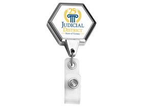 Custom Chrome Jumbo Hexagon Retractable Badge Reel (Polydome), 1.7" W x 3.70" H x 0.4" D