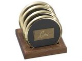 Custom 4 Round Solid Brass Coasters with Solid Walnut Wood Stand Up Holder