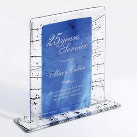 Custom Marble Blue Triumph Fusion Art Glass Award w/ Black Confetti Accent, 9" W x 9" H x 2 1/2" D