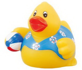 Custom Rubber Beach Party Duck w/ Ball, 3 1/2" L x 3 3/4" W x 3 1/2" H