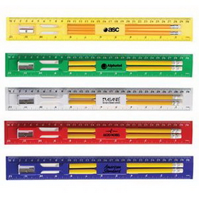 Custom 12 Inch Plastic Ruler Stationery Kit with Pencil, Eraser and Sharpener, 12.25" L x 1.5625" W