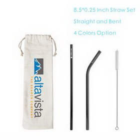 Custom Stainless Steel Straw Set with Pouch Brush, Metal Straw Kit, Reusable Drinking Straw, Straight, 8.5" H x 0.25" Thick