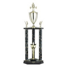 Custom Triple Marbled Column Trophy w/Cup & Riser & Figure Mount (31 1/2")