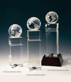 Custom Globe Tower Optical Crystal Award Trophy., 12" L x 2.75" W x 2.75" H