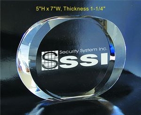 Custom Oval Award optical crystal award trophy., 5" L x 7" W x 1.25" H