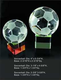 Custom Soccer Ball w Rainbow Base Optical Crystal Award Trophy., 4" L x 5.75" Diameter