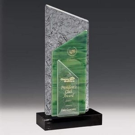 Custom Large Green Sail Art Glass Award & Black Marble Base, 10" W x 21" H x 5" D