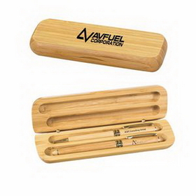 Custom Bamboo Case w/Pen & Rollerball Pen Gift Set, 6.75" L x 2" W