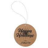 Custom Light Brown Laserable Leatherette Round Ornament with Silver String, 3 3/4