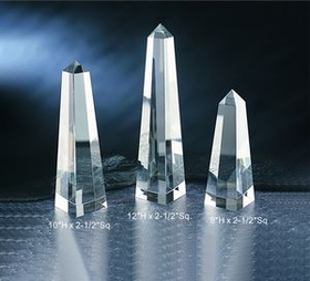 Custom Obelisk optical crystal award trophy., 10" L x 2.5" Diameter