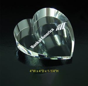 Custom Heart Paperweight optical crystal award trophy., 4" L x 4" W x 1.25" H
