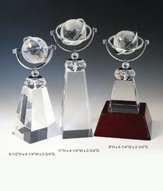 Custom World Globe Optical Crystal Award Trophy., 9.5" L x 4.25" W x 2.75" H