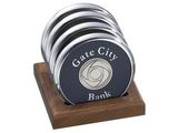 Custom 4 Round Solid Chrome Coasters with Solid Walnut Wood Stand Up Holder