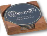 Custom Round Leather Cork Back Coaster Set of 4 w/ Cherry or Walnut Wood Stand
