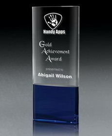 Custom Blue Strata Crystal Award, 3 1/2" W X 8" H X 2" D