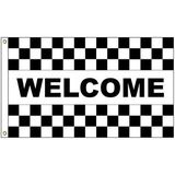 Custom Welcome Black & White Checkered 3' x 5' Message Flag with Heading and Grommets