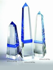 Custom Blue Obelisk Optical Crystal Award Trophy., 8" L x 2.375" Diameter