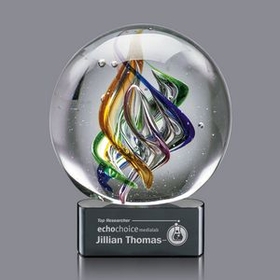 Custom Galileo Hand Blown Art Glass Award w/ Black Base, 7 1/2" H x 6" W x 6" D