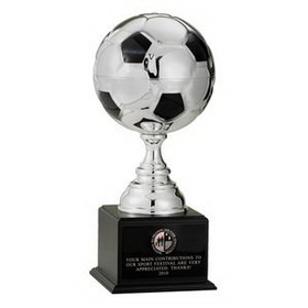 Custom 10 1/2" Gold/Black Soccer Ball Trophy w/Wood Base & Pedestal