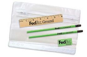 Custom Clear Translucent Pouch School Kit (2 Pencils/ 6" Ruler/ Eraser)